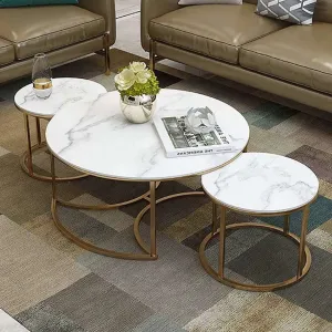 Wooden Twist Vibing Modern Contemporary Stainless Steel Base Marble Top Nesting Coffee Table ( Set of 3 )