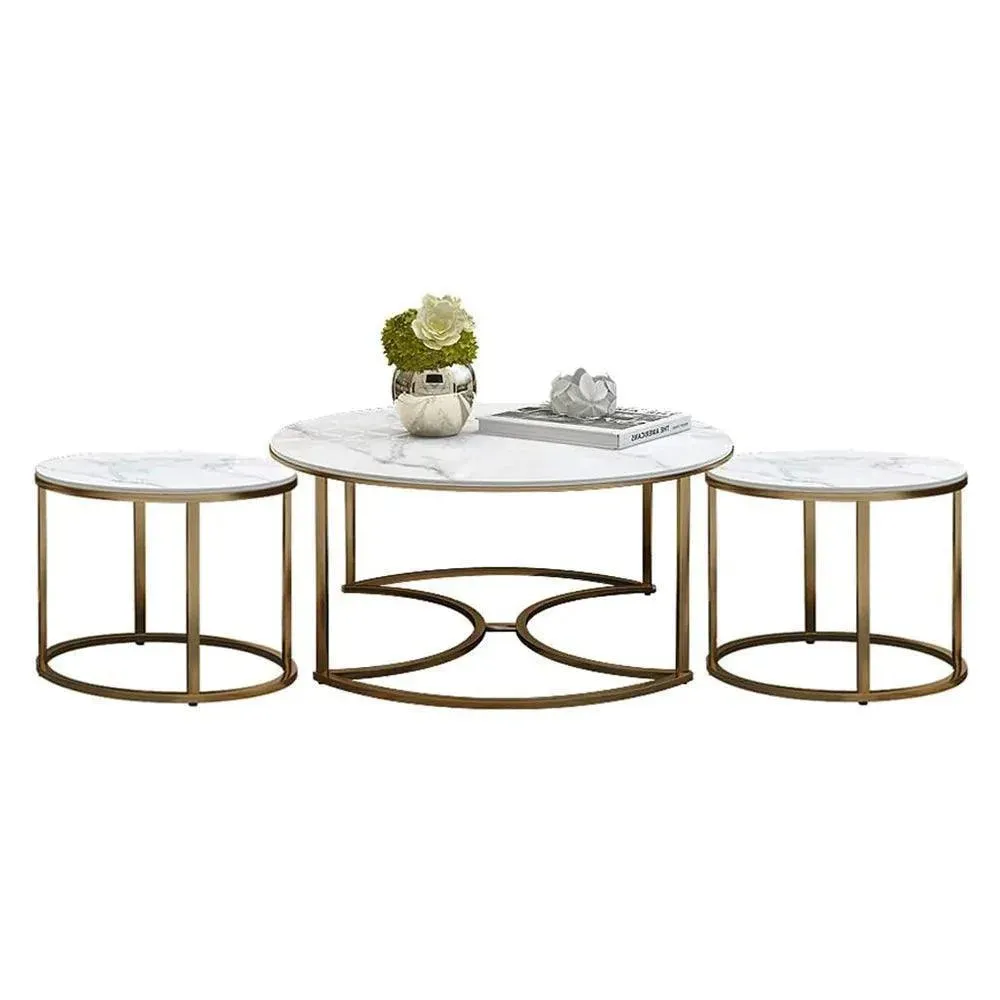 Wooden Twist Vibing Modern Contemporary Stainless Steel Base Marble Top Nesting Coffee Table ( Set of 3 )