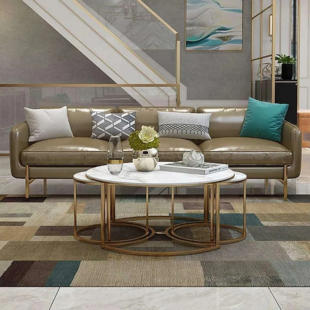 Wooden Twist Vibing Modern Contemporary Stainless Steel Base Marble Top Nesting Coffee Table ( Set of 3 )