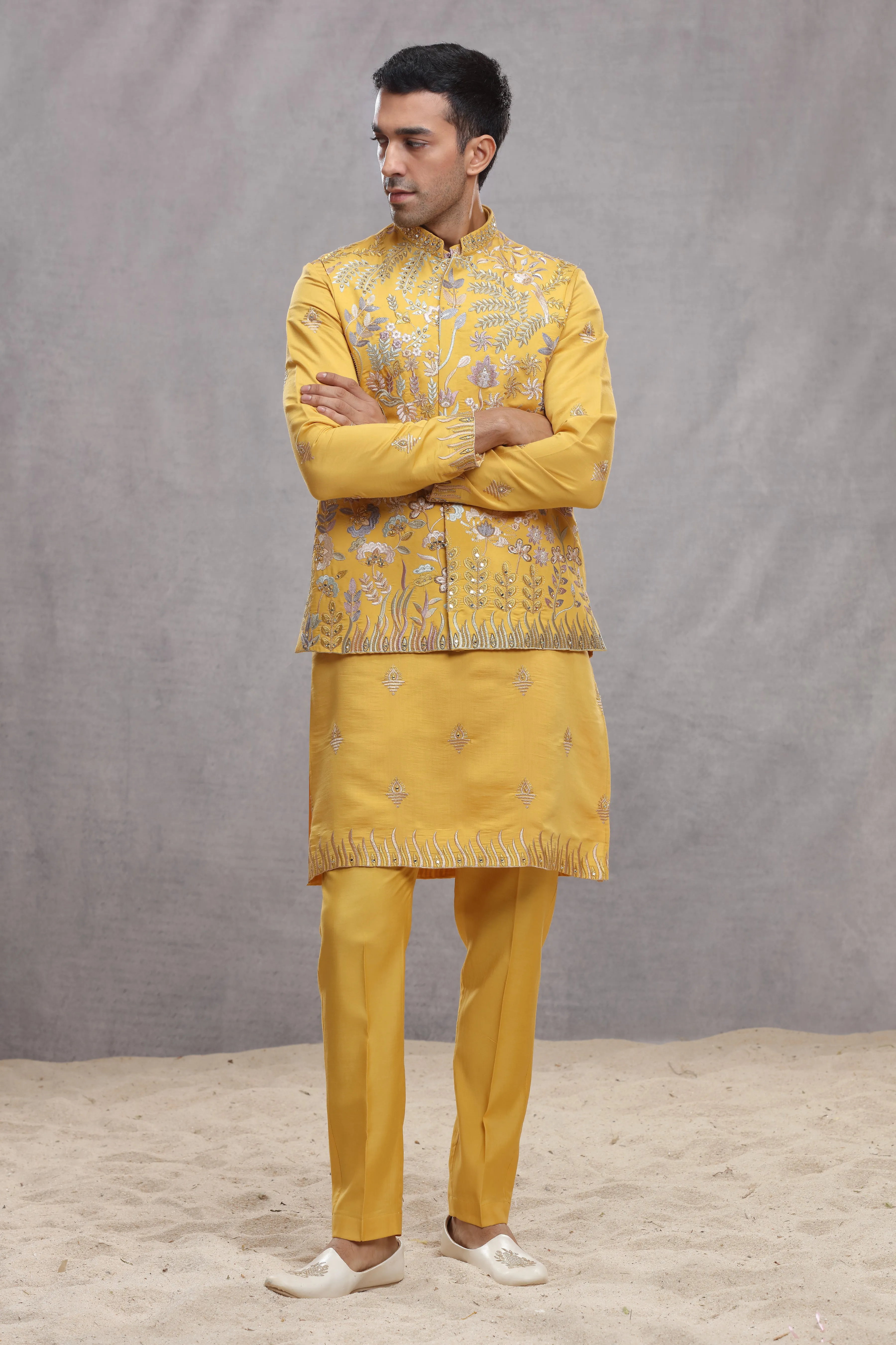 Yellow Silk Koti & Kurta with Floral Thread Work