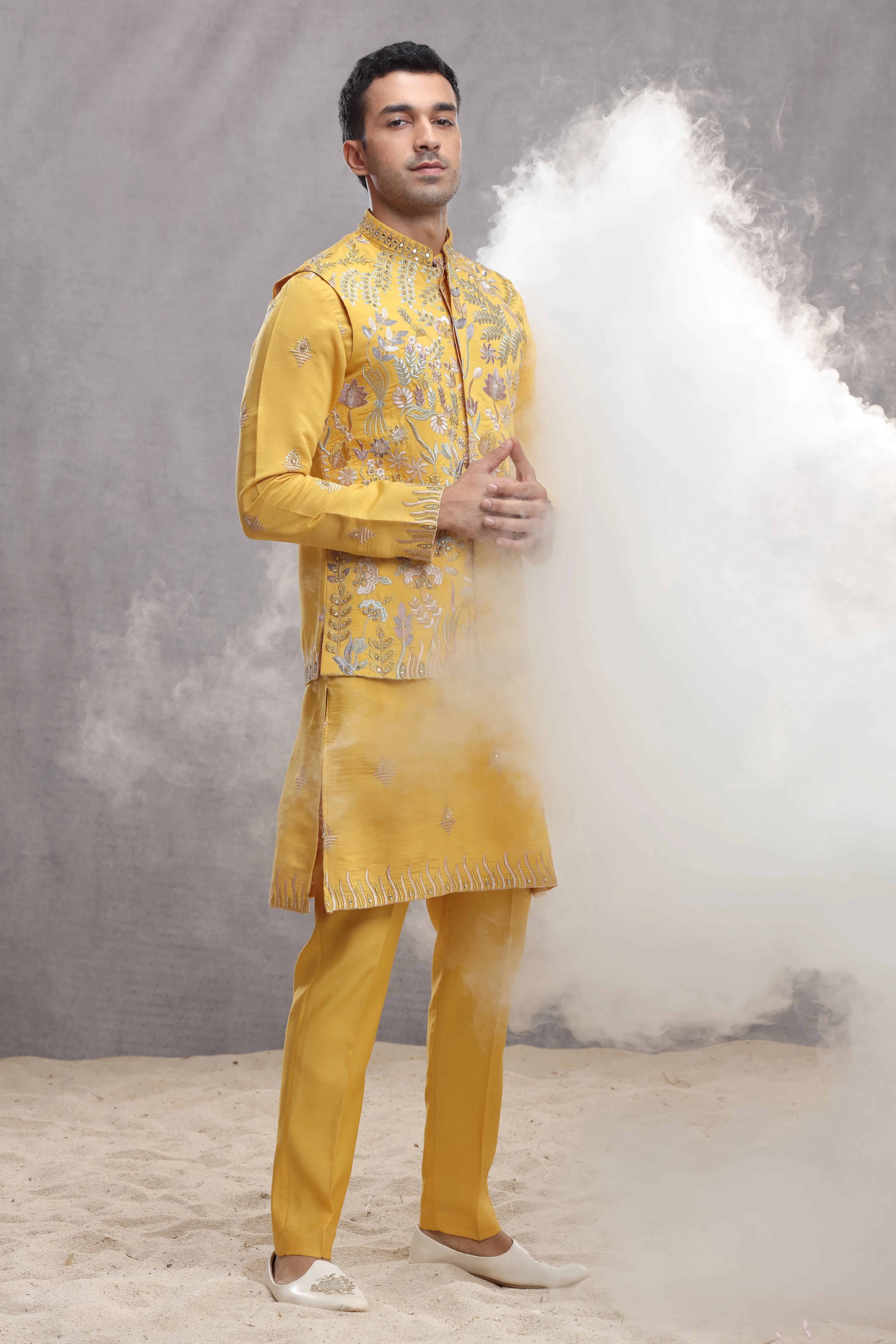 Yellow Silk Koti & Kurta with Floral Thread Work