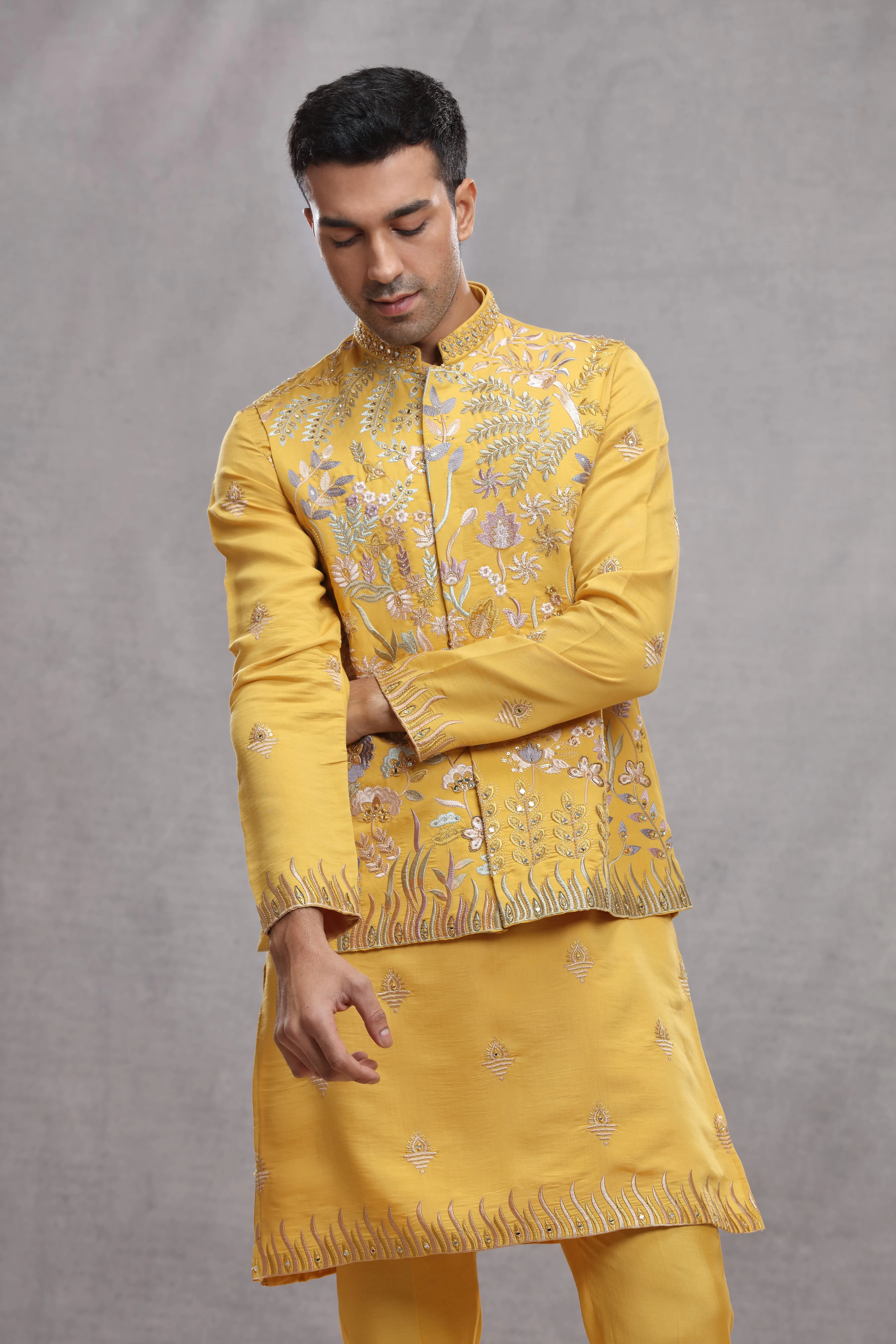 Yellow Silk Koti & Kurta with Floral Thread Work