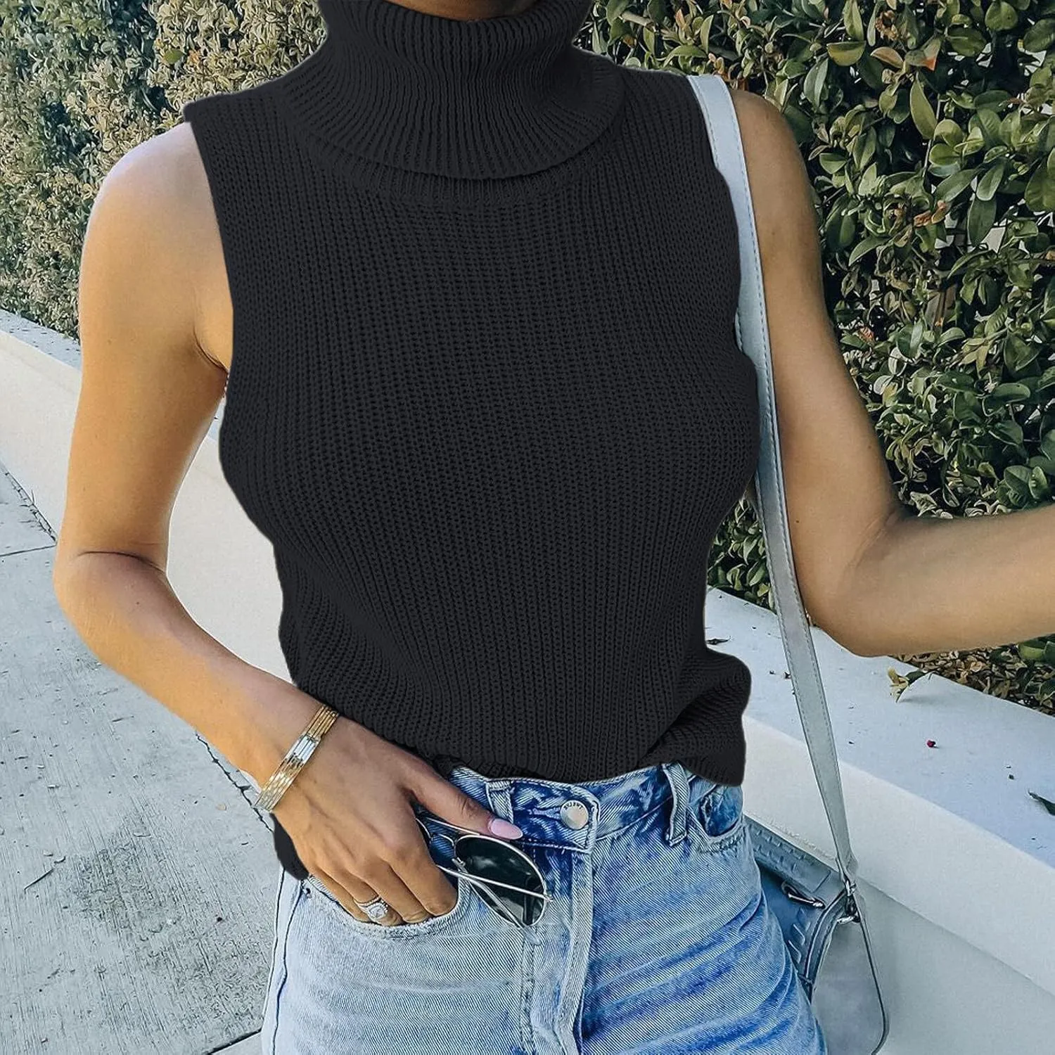 YEMOCILE Women's Turtleneck Sleeveless Sweater Vest Casual Trendy Soft Basic Solid Color Sweater Ribbed Pullover Tank Tops